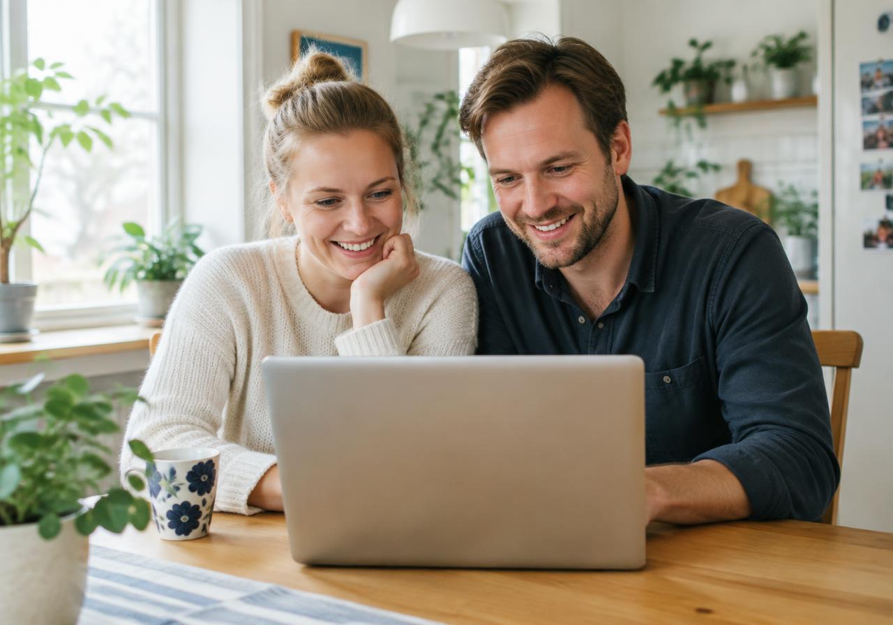 Par som jämför offerter på en laptop hemma i köket